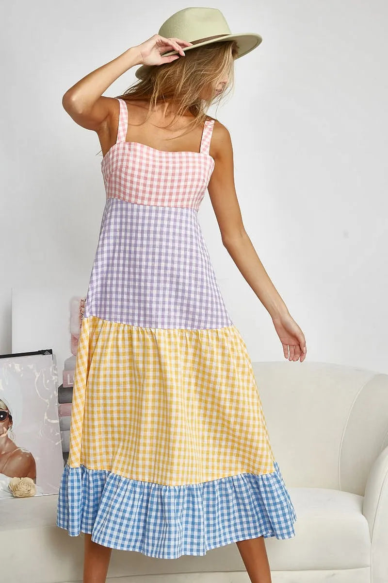 Color Block Tiered Gingham Dress
