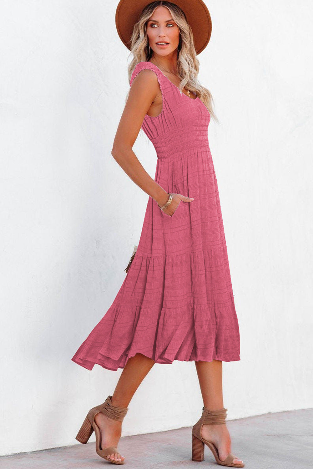 Black Shirred Pleated Square Neck Sleeveless Midi Dress