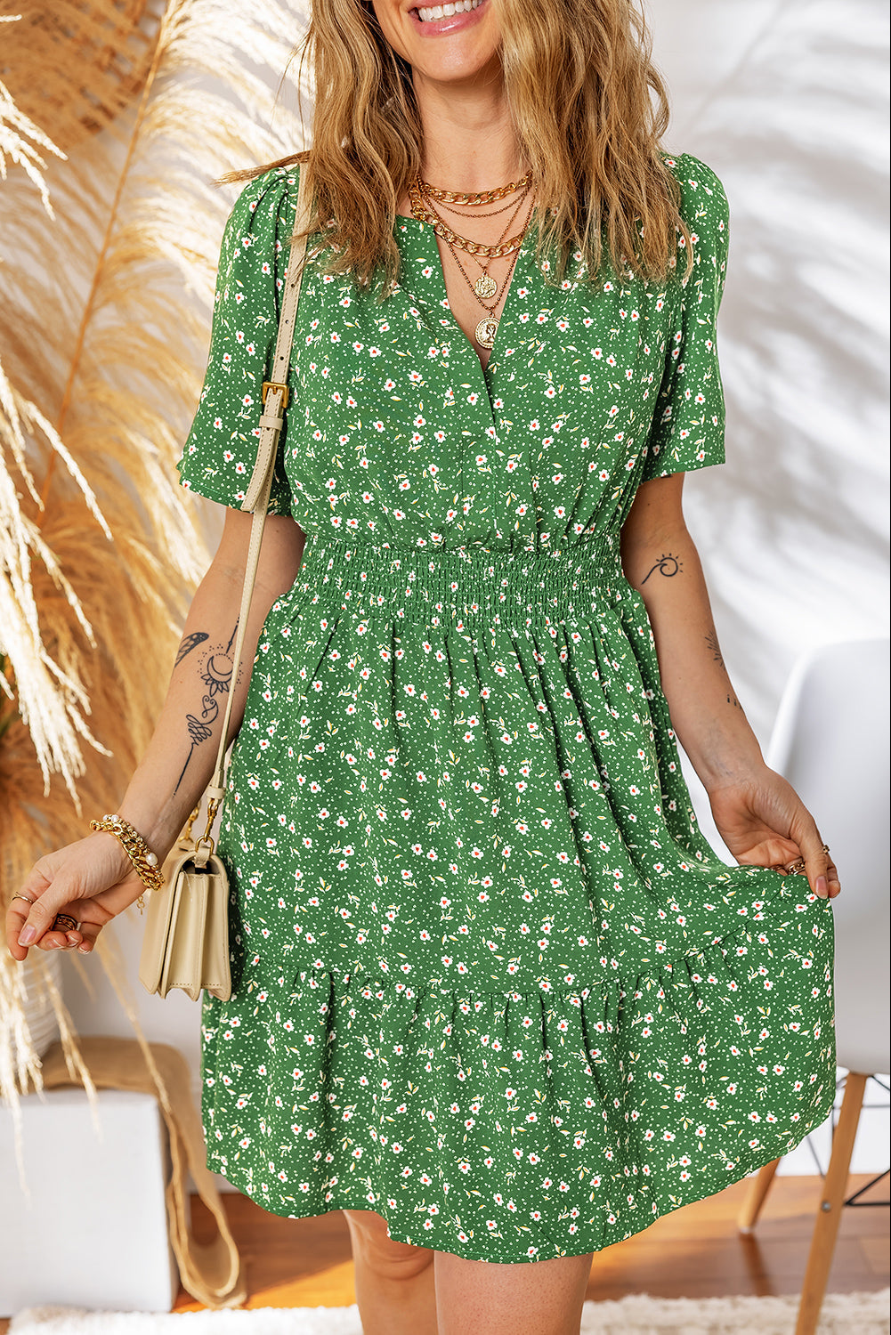 Black Floral Print Wrap V Neck Short Sleeve High Waistband Mini Dress