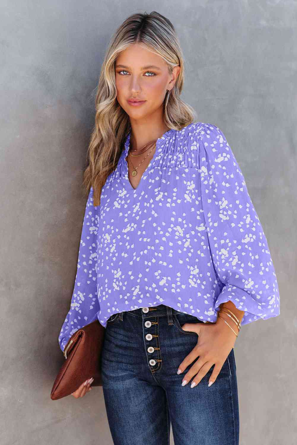Printed Notched Neck Smocked Blouse