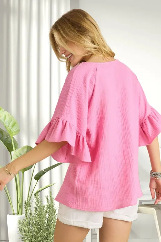 Ruffle Sleeve Crinkle Top