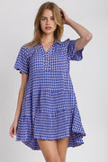 Full Size Gingham Tiered Button Detail Short Sleeve Dress Plus Size