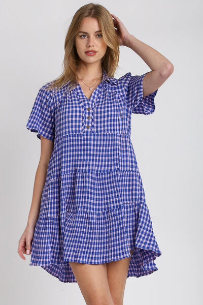 Full Size Gingham Tiered Button Detail Short Sleeve Dress Plus Size