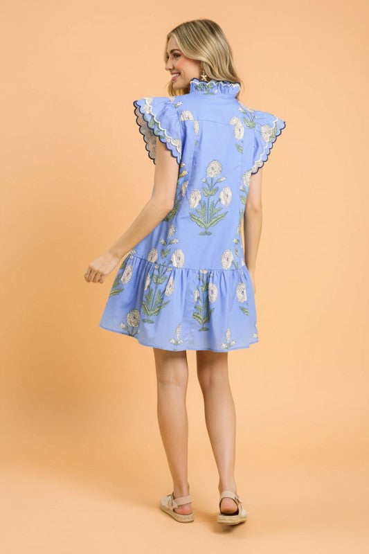 Floral Scalloped Embroidery Drop Waist Mini Dress