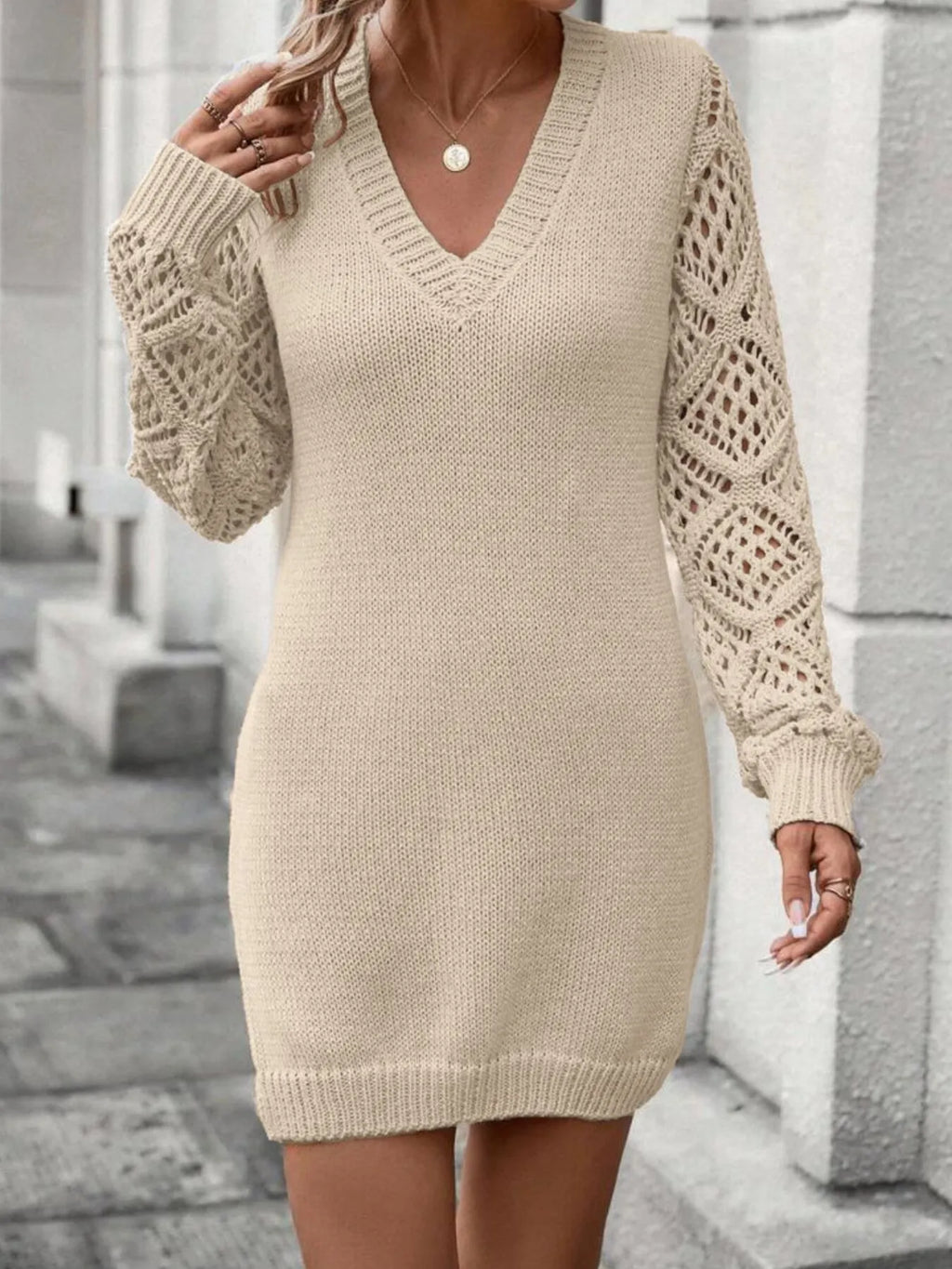 V-Neck Hollow Out Sleeve Sweater Dress