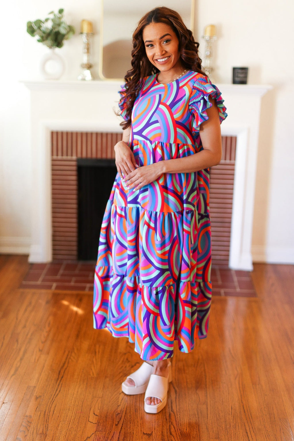 Purple Abstract Print Smocked Ruffle Sleeve Maxi Dress