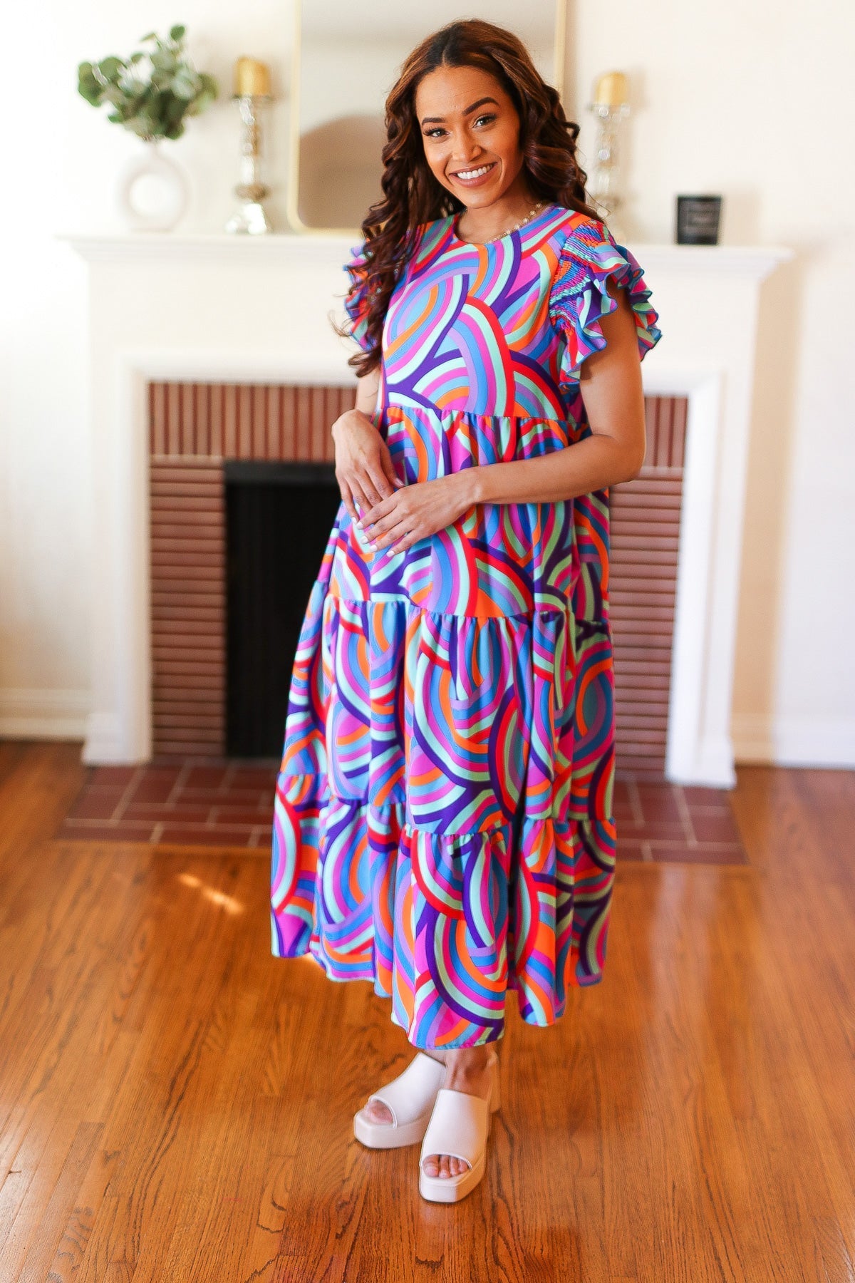 Purple Abstract Print Smocked Ruffle Sleeve Maxi Dress