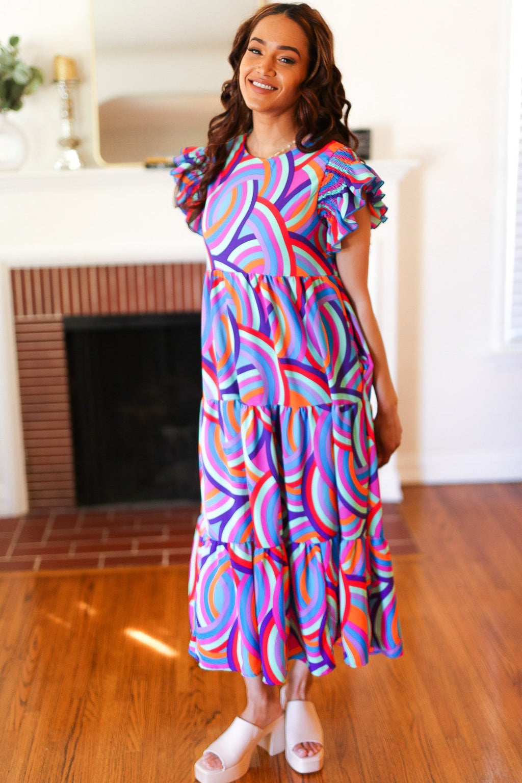 Purple Abstract Print Smocked Ruffle Sleeve Maxi Dress