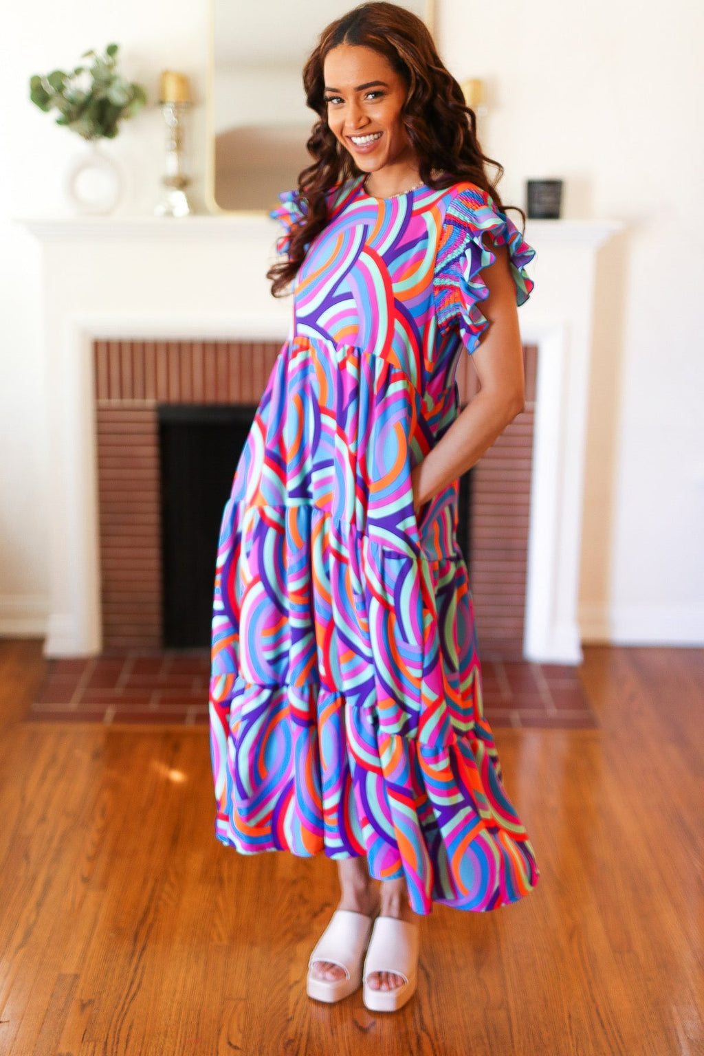 Purple Abstract Print Smocked Ruffle Sleeve Maxi Dress