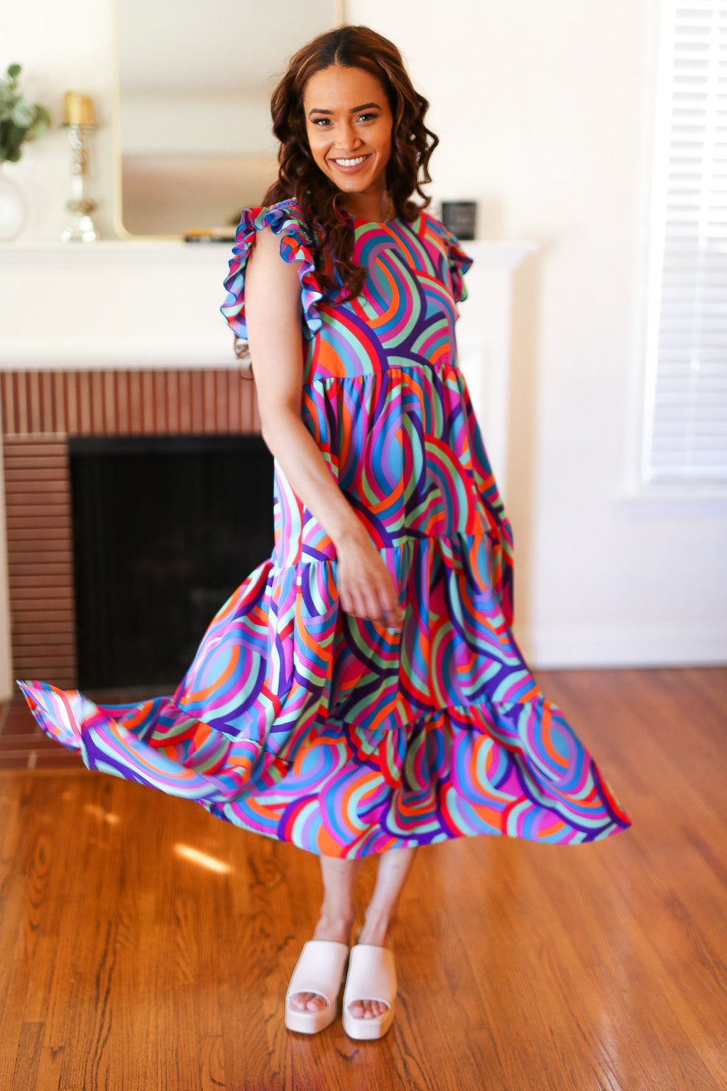 Purple Abstract Print Smocked Ruffle Sleeve Maxi Dress