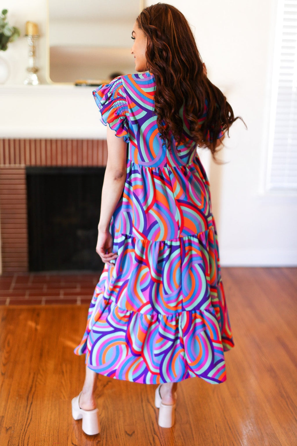 Purple Abstract Print Smocked Ruffle Sleeve Maxi Dress