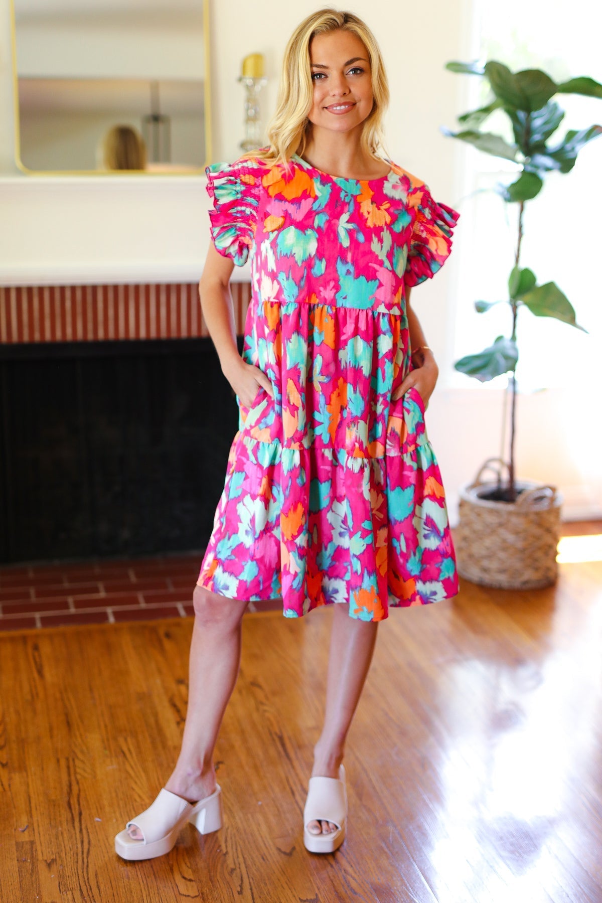 Abstract Floral Print Smocked Ruffle Sleeve Dress