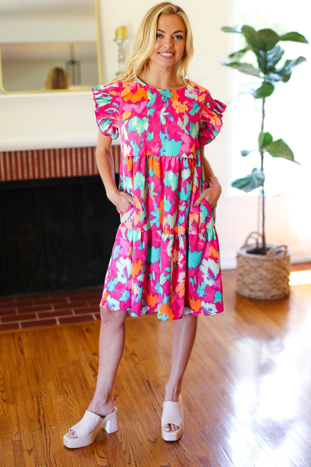 Abstract Floral Print Smocked Ruffle Sleeve Dress