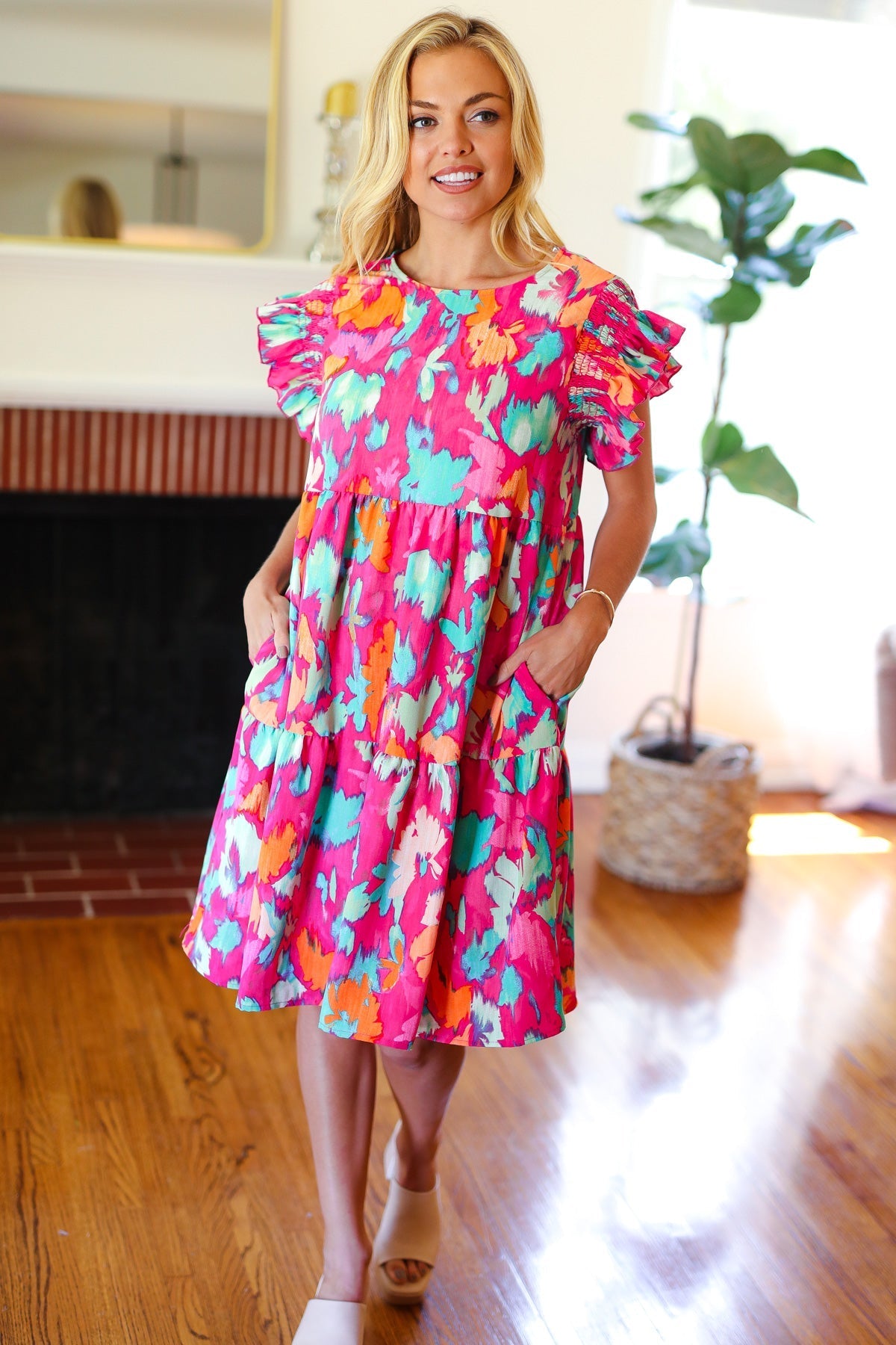 Abstract Floral Print Smocked Ruffle Sleeve Dress