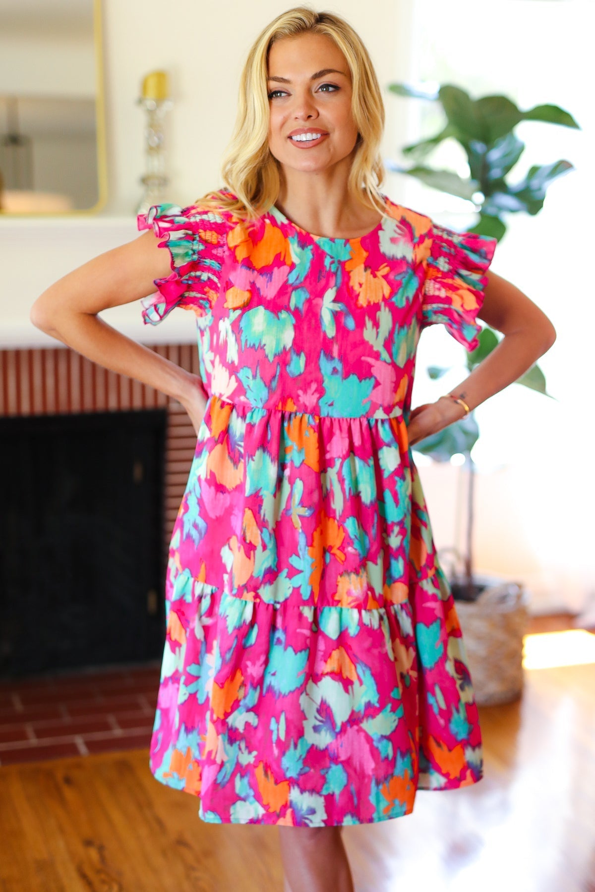 Abstract Floral Print Smocked Ruffle Sleeve Dress