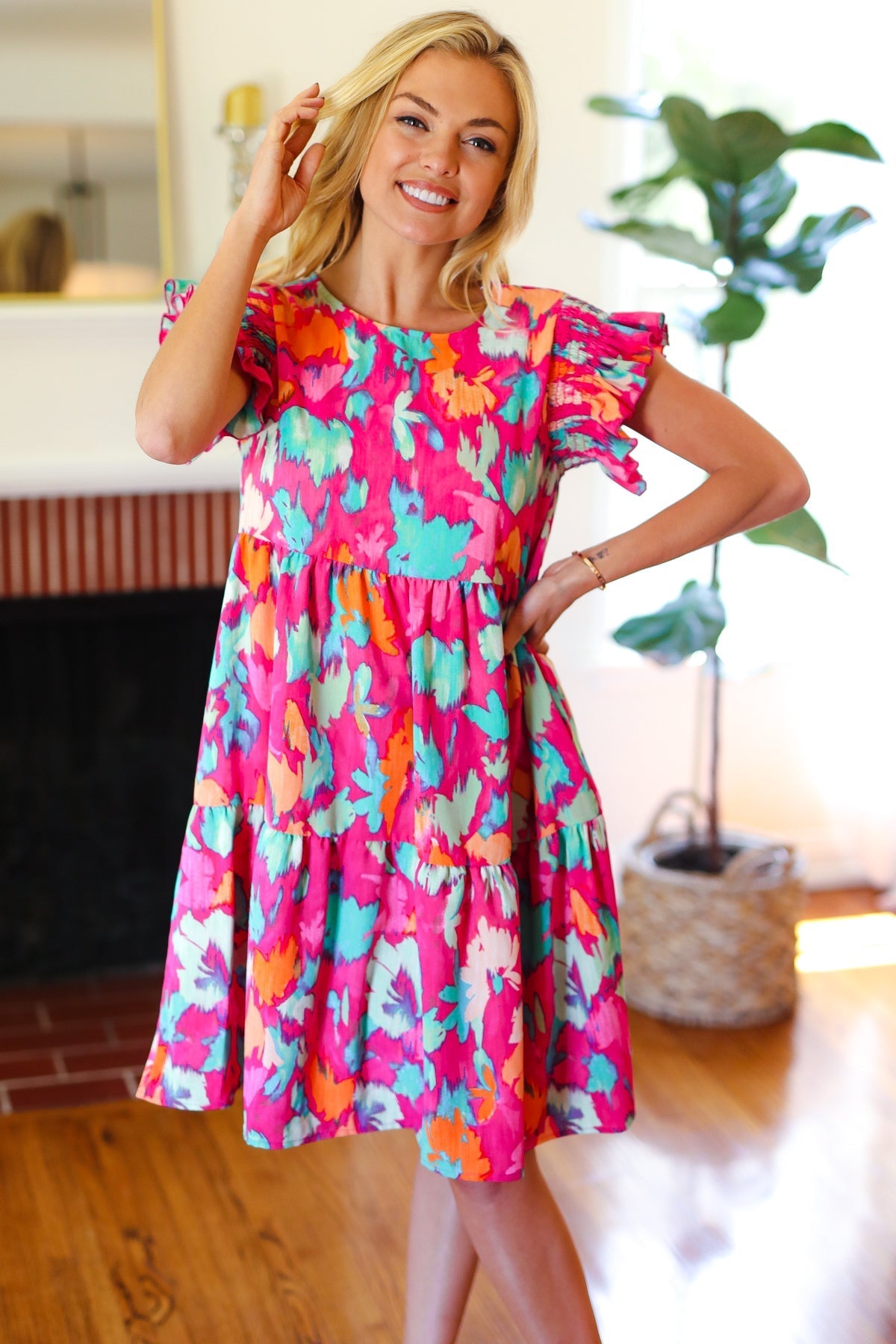 Abstract Floral Print Smocked Ruffle Sleeve Dress