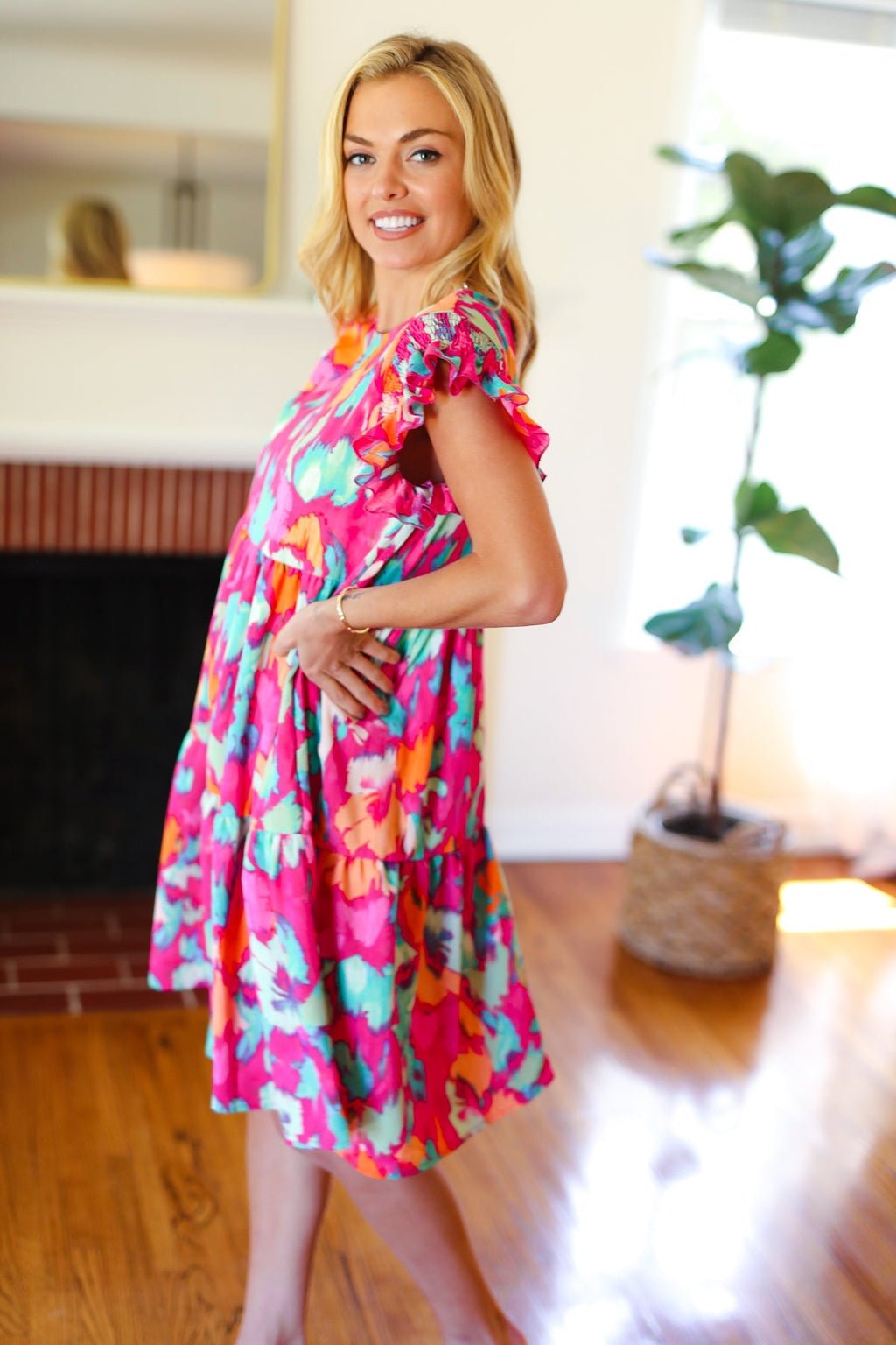 Abstract Floral Print Smocked Ruffle Sleeve Dress