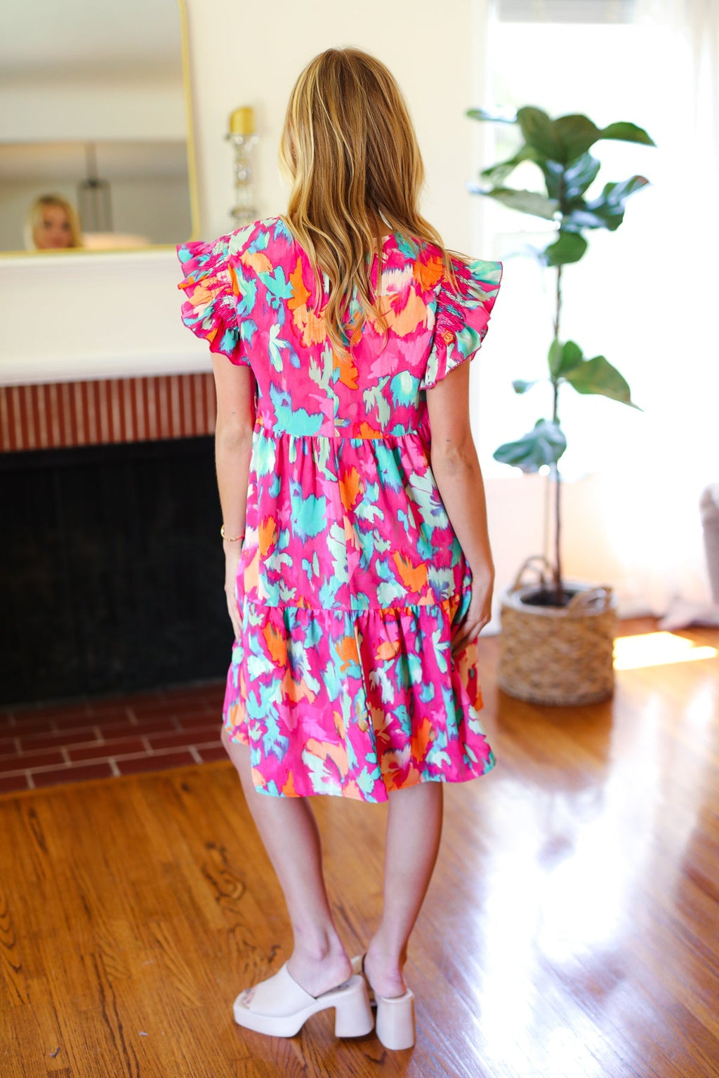 Abstract Floral Print Smocked Ruffle Sleeve Dress