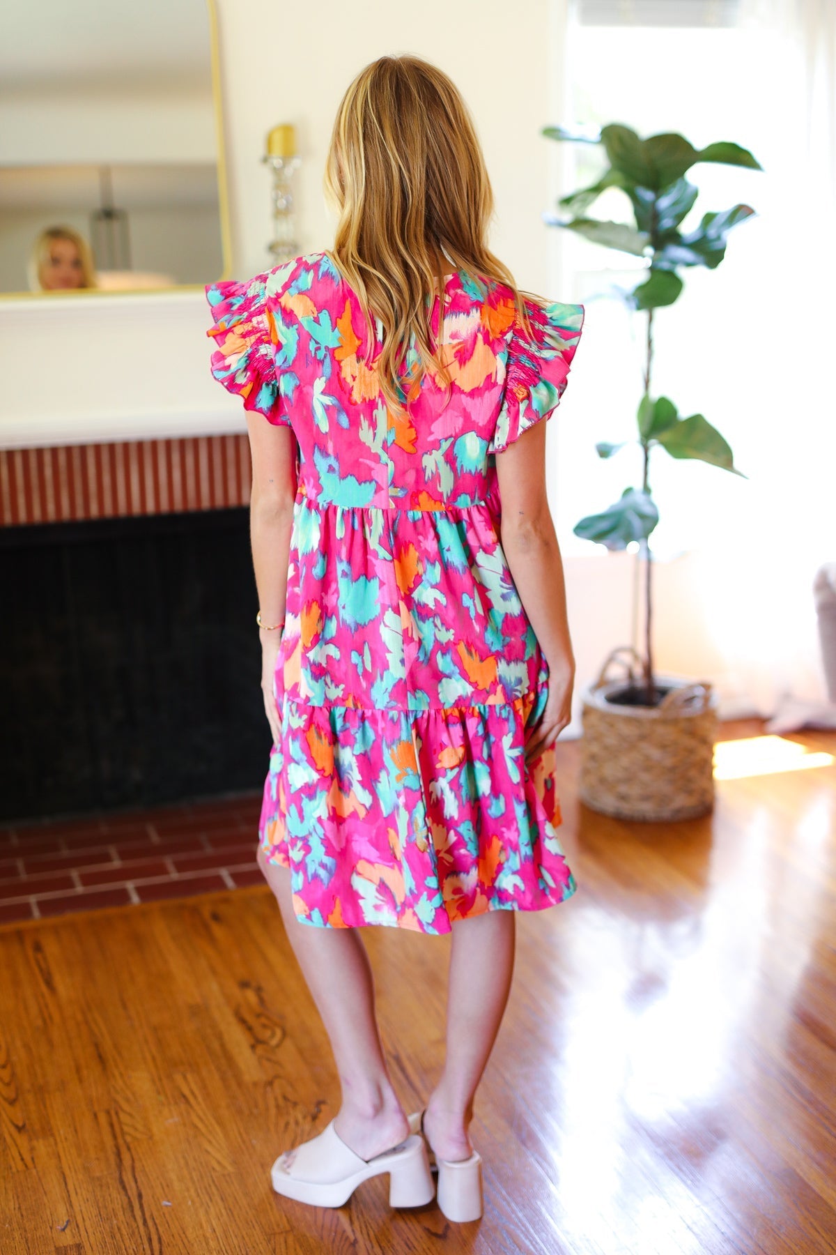 Abstract Floral Print Smocked Ruffle Sleeve Dress