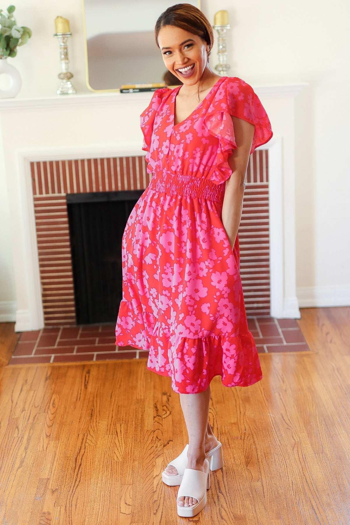 Red & Pink Floral Print Smocked Waist Midi Dress