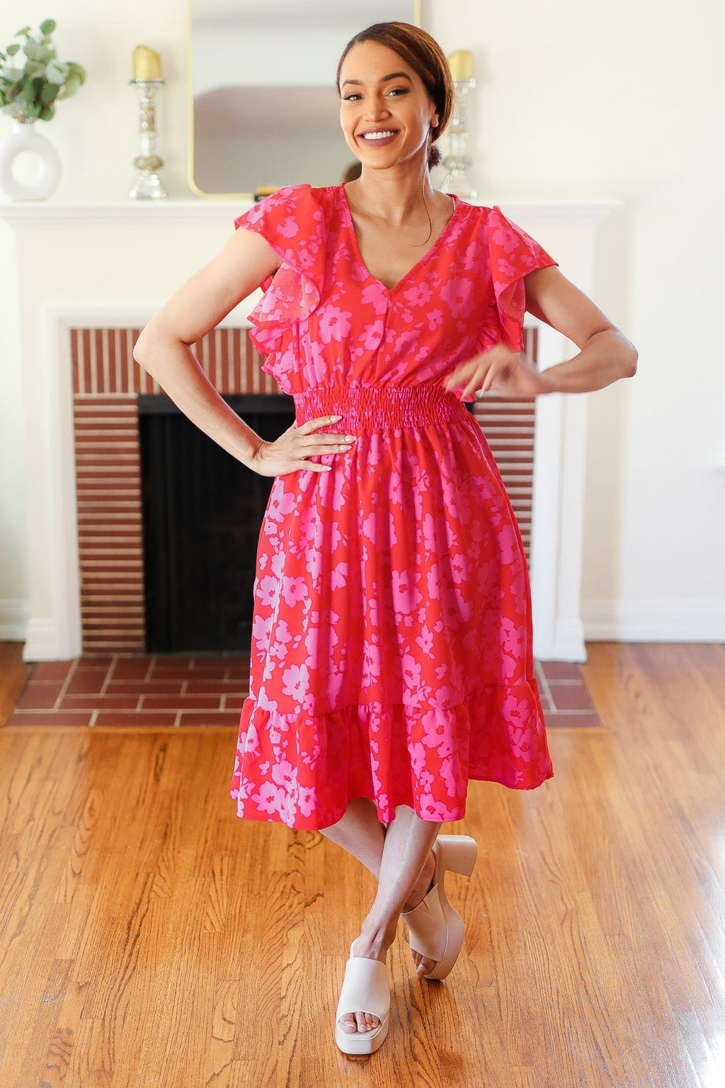 Red & Pink Floral Print Smocked Waist Midi Dress