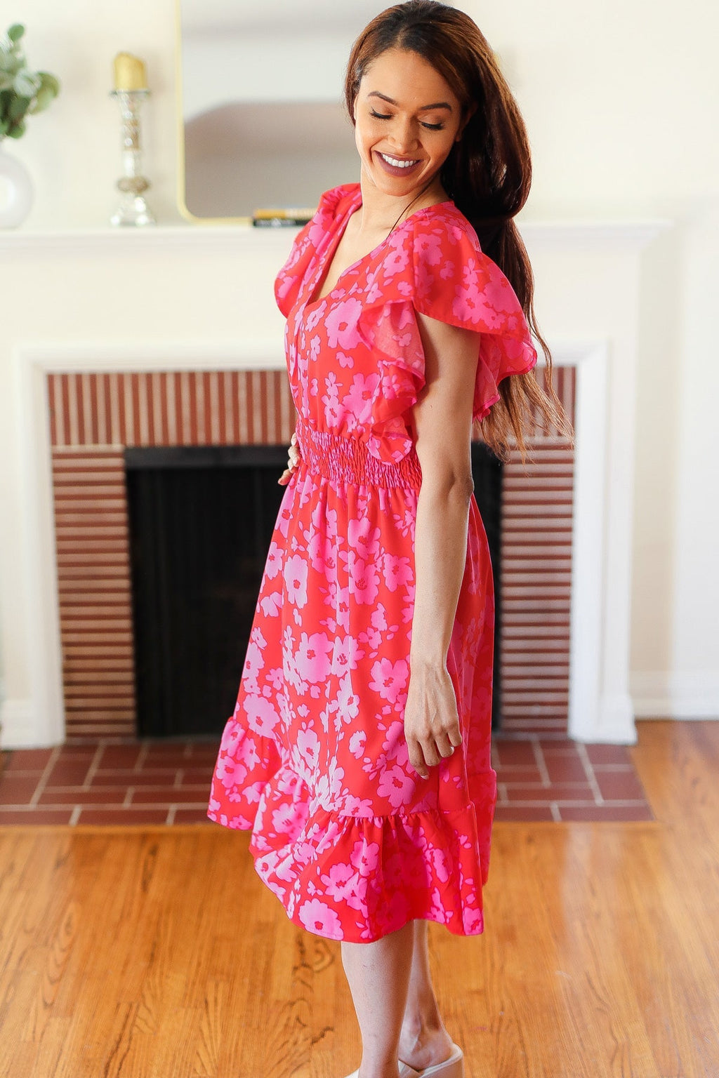 Red & Pink Floral Print Smocked Waist Midi Dress