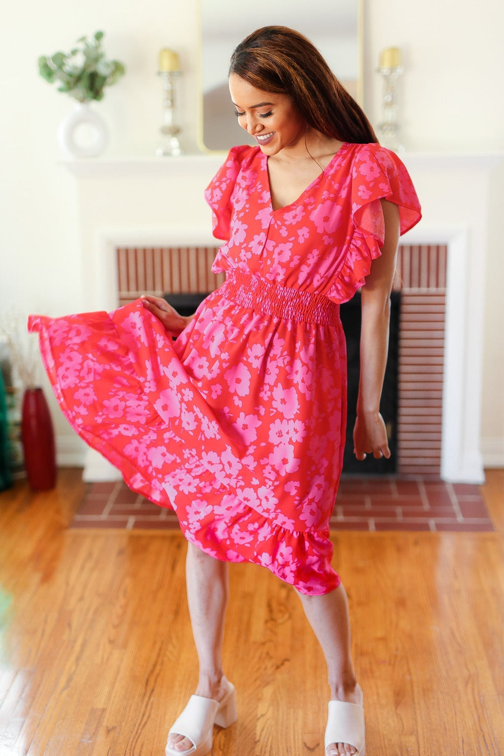 Red & Pink Floral Print Smocked Waist Midi Dress