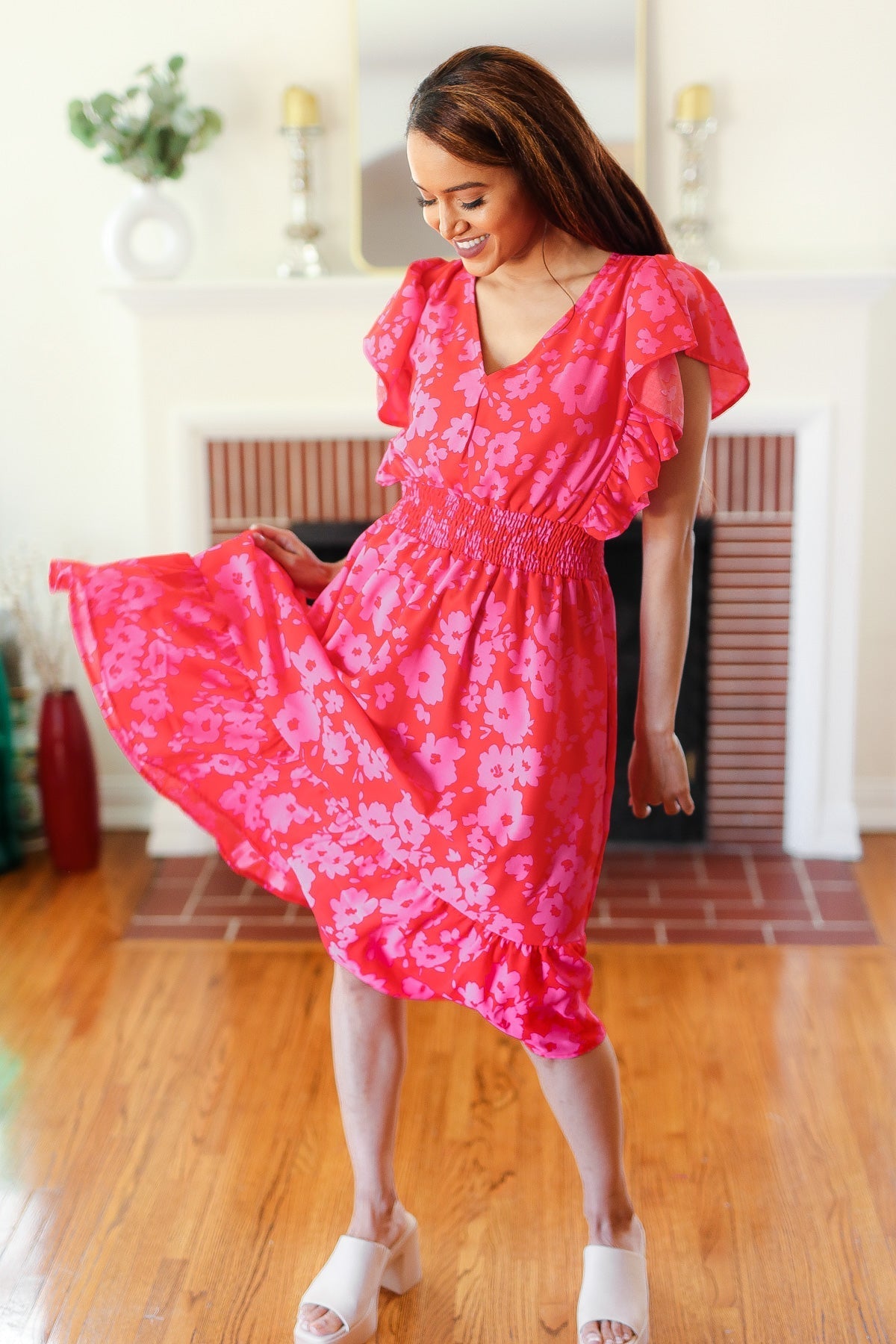 Red & Pink Floral Print Smocked Waist Midi Dress