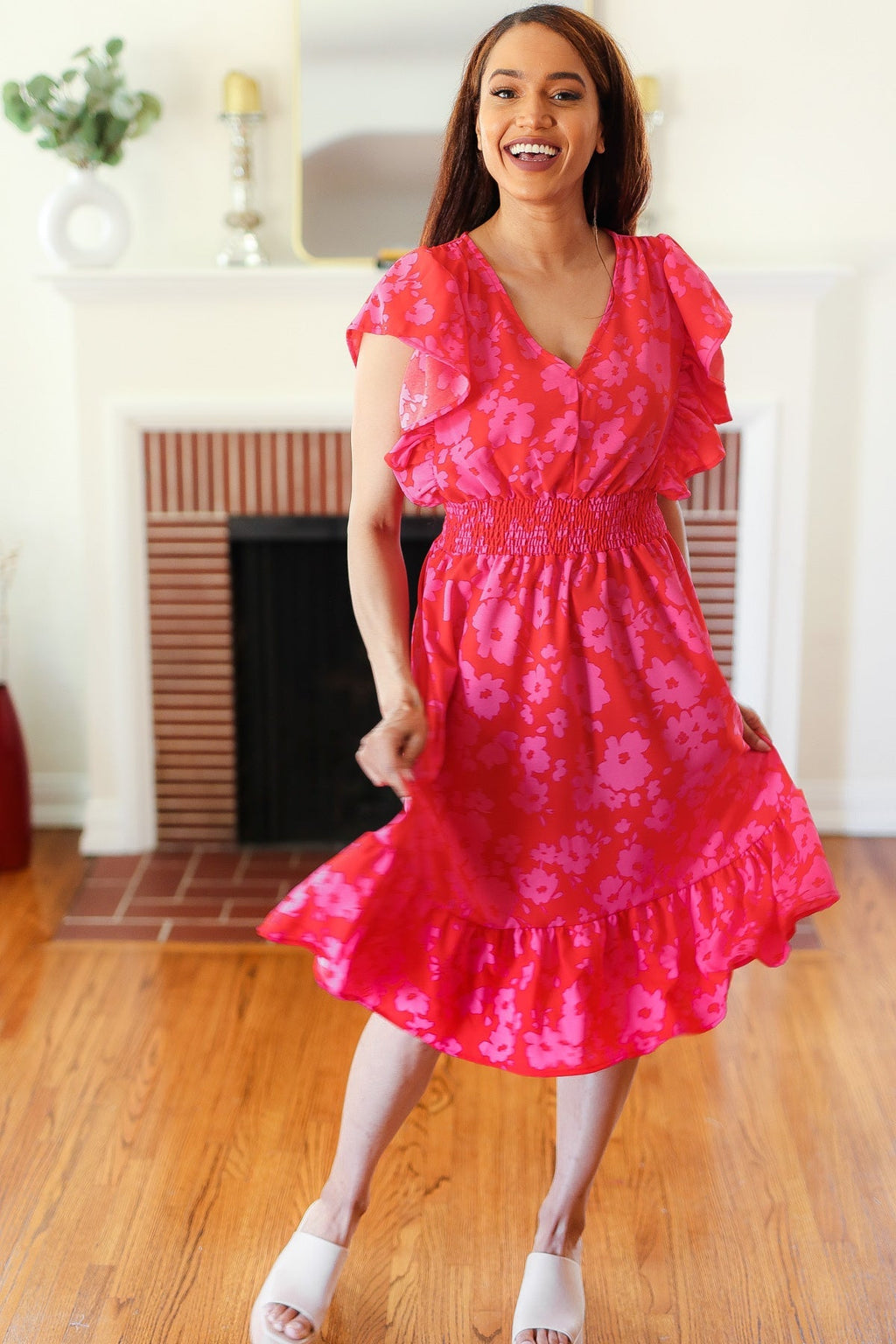 Red & Pink Floral Print Smocked Waist Midi Dress