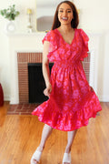 Red & Pink Floral Print Smocked Waist Midi Dress