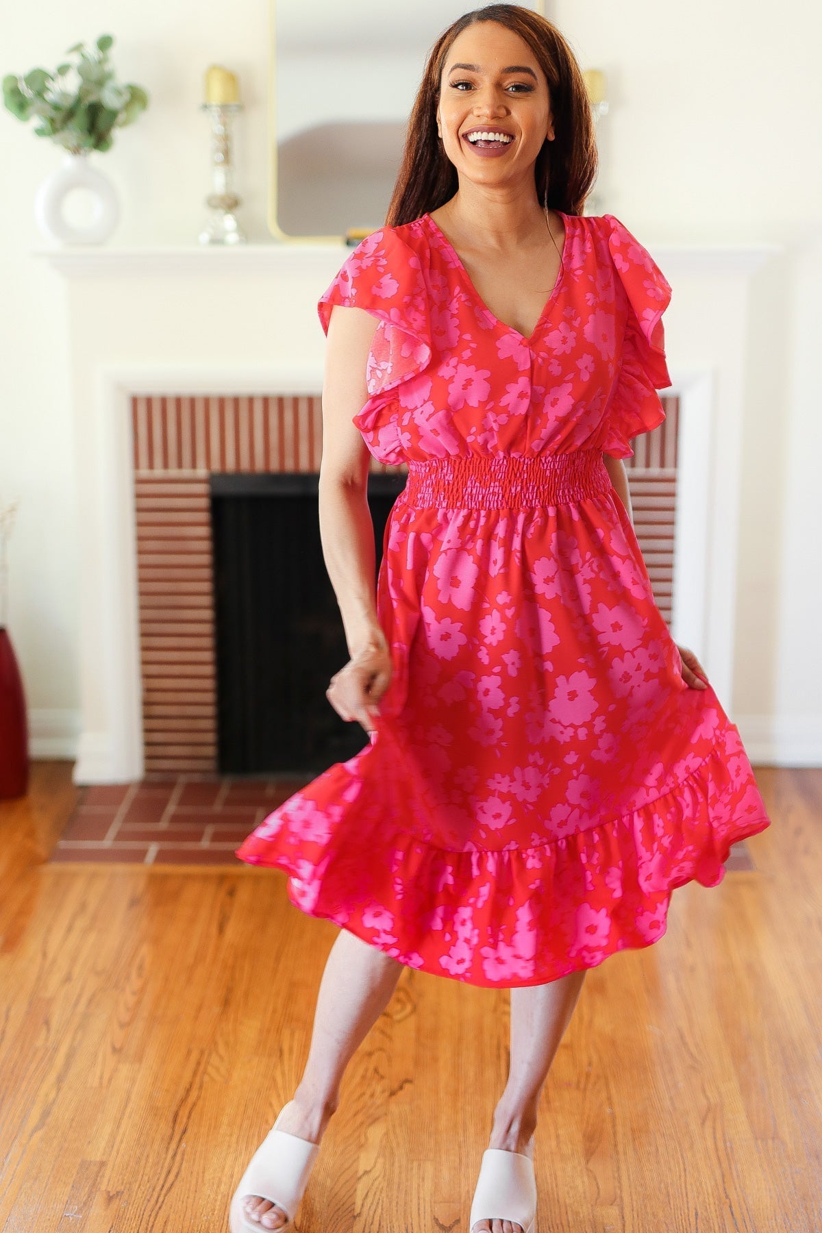 Red & Pink Floral Print Smocked Waist Midi Dress