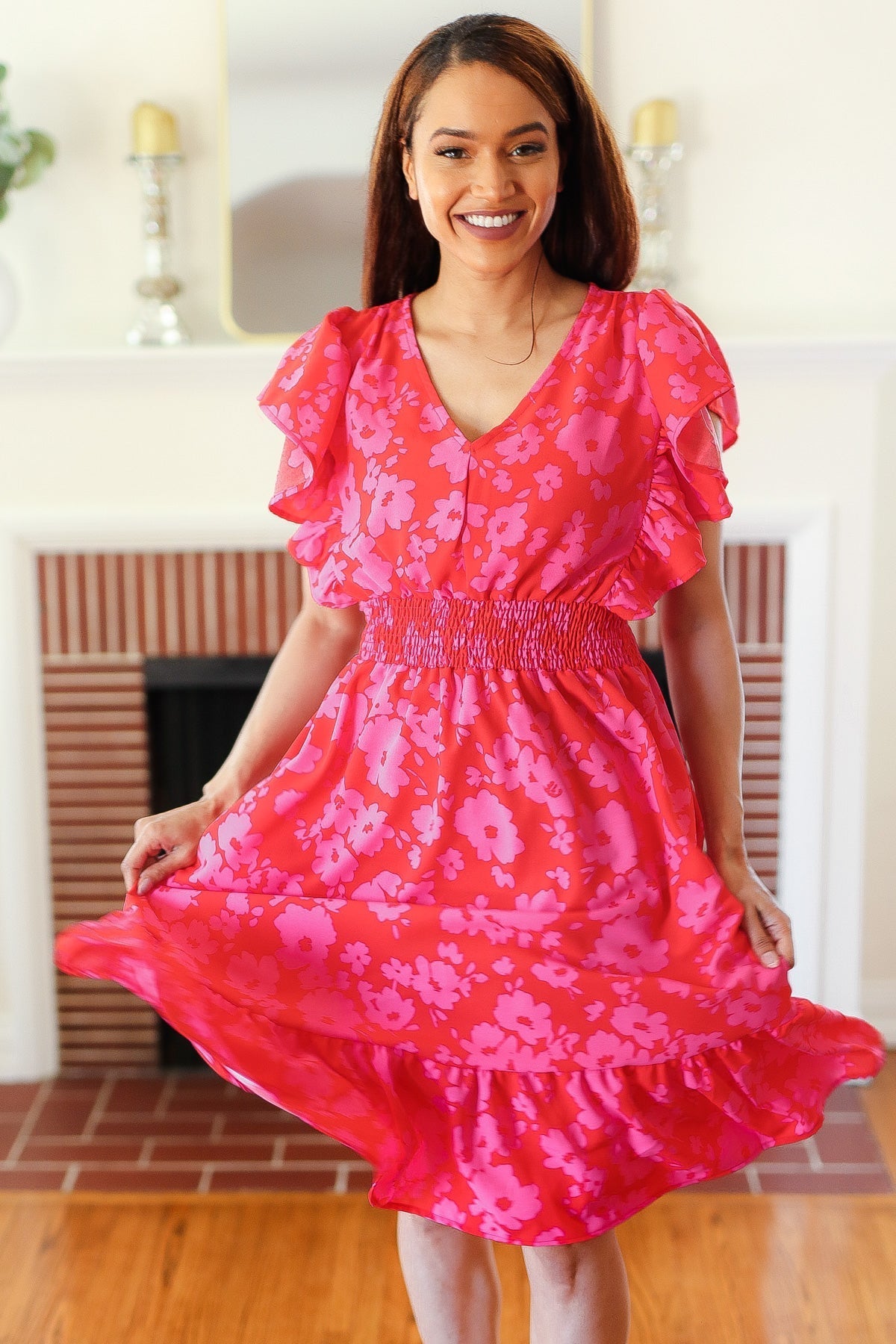 Red & Pink Floral Print Smocked Waist Midi Dress