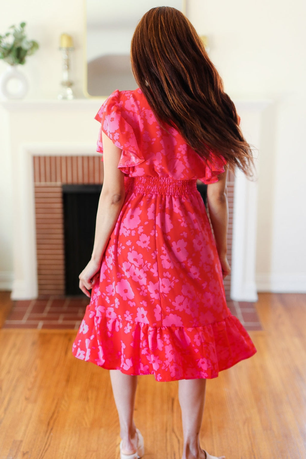 Red & Pink Floral Print Smocked Waist Midi Dress