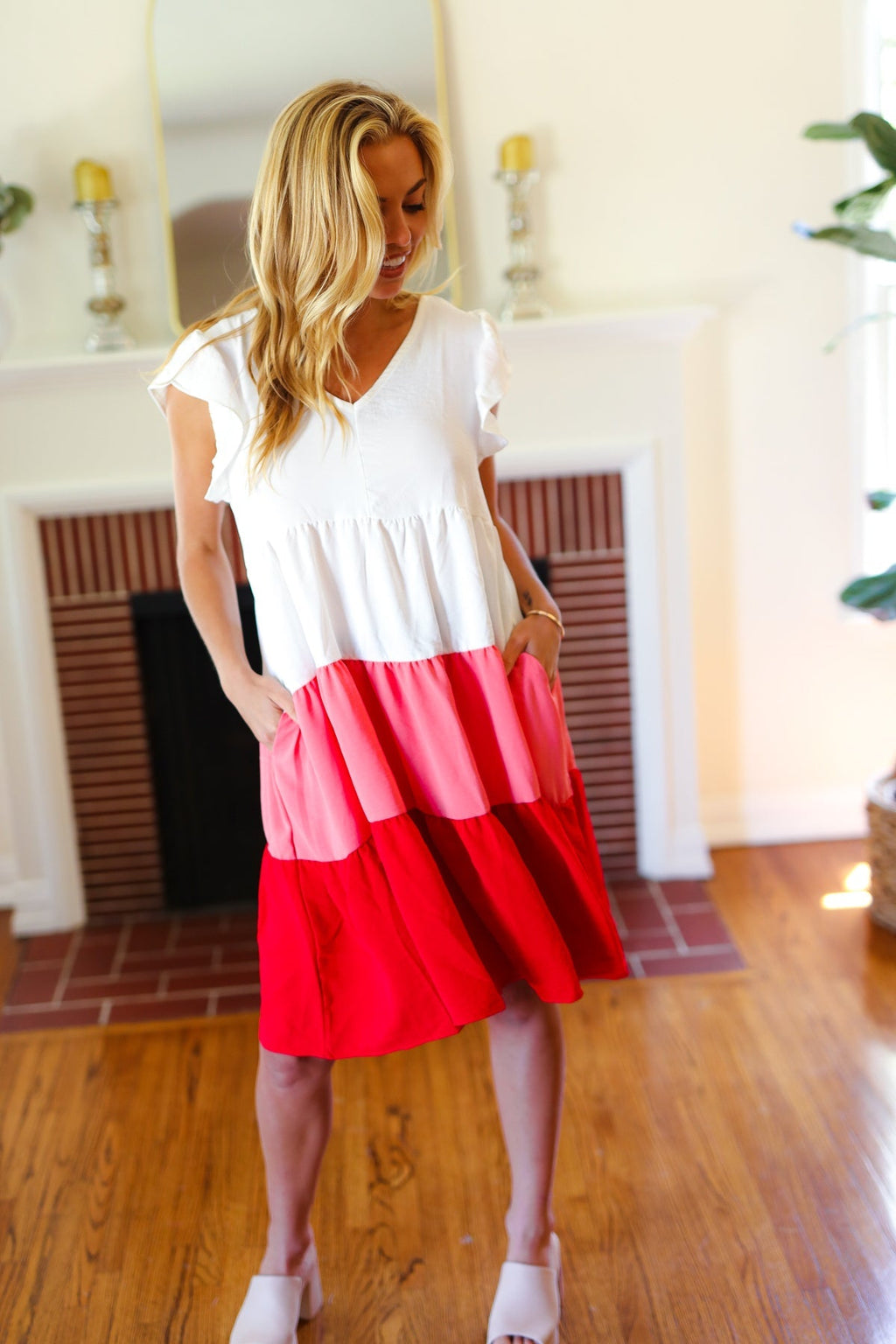 Red Tiered Frill Sleeve Midi Dress