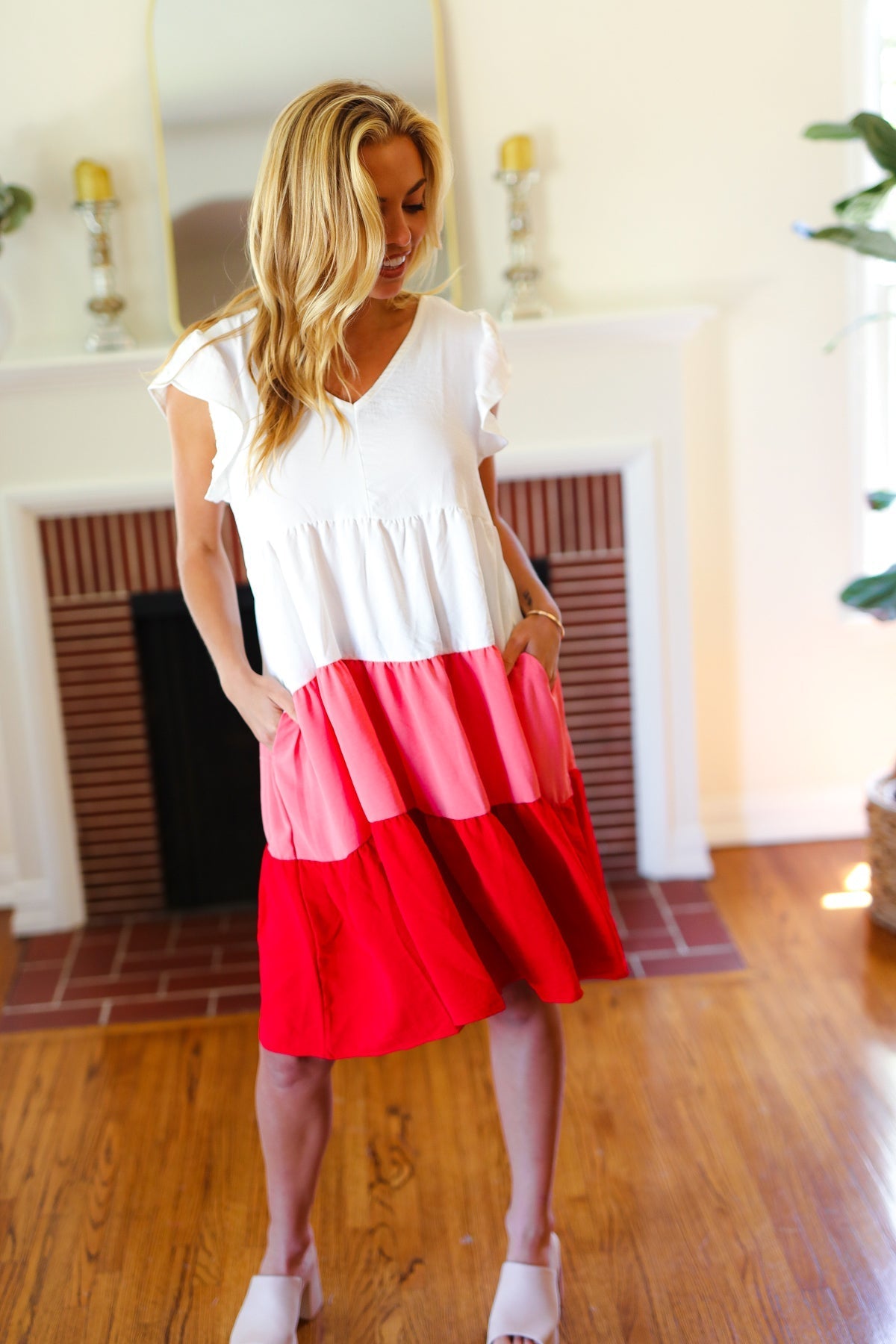Red Tiered Frill Sleeve Midi Dress