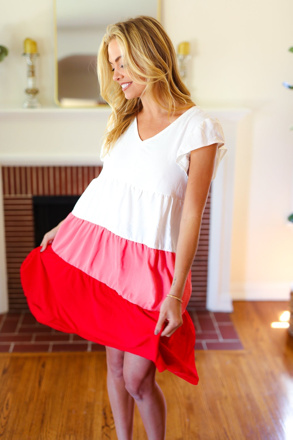 Red Tiered Frill Sleeve Midi Dress