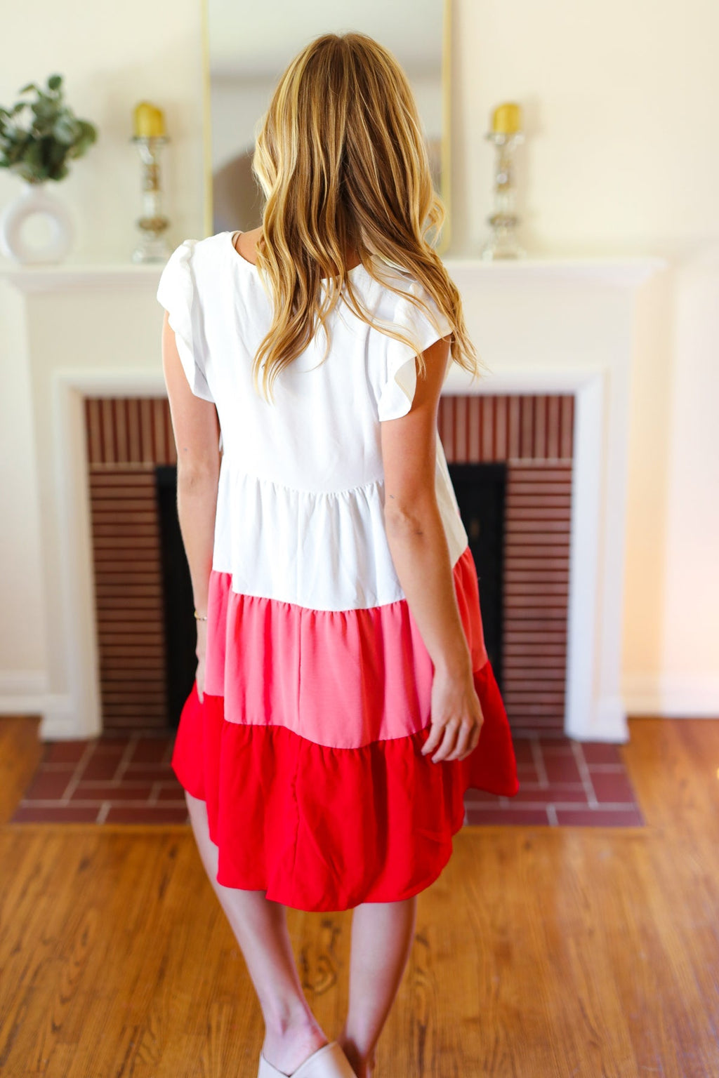 Red Tiered Frill Sleeve Midi Dress