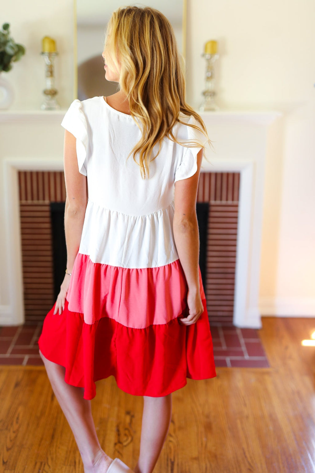 Red Tiered Frill Sleeve Midi Dress