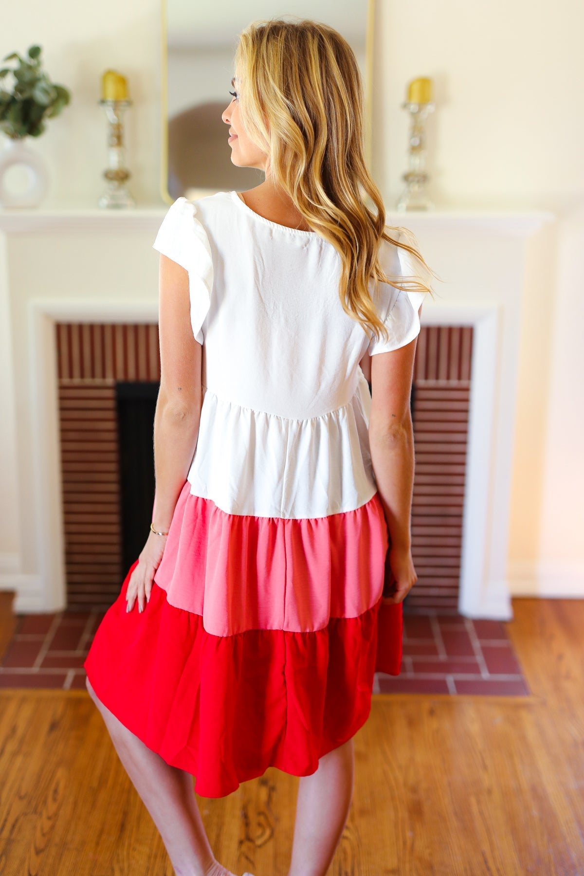 Red Tiered Frill Sleeve Midi Dress