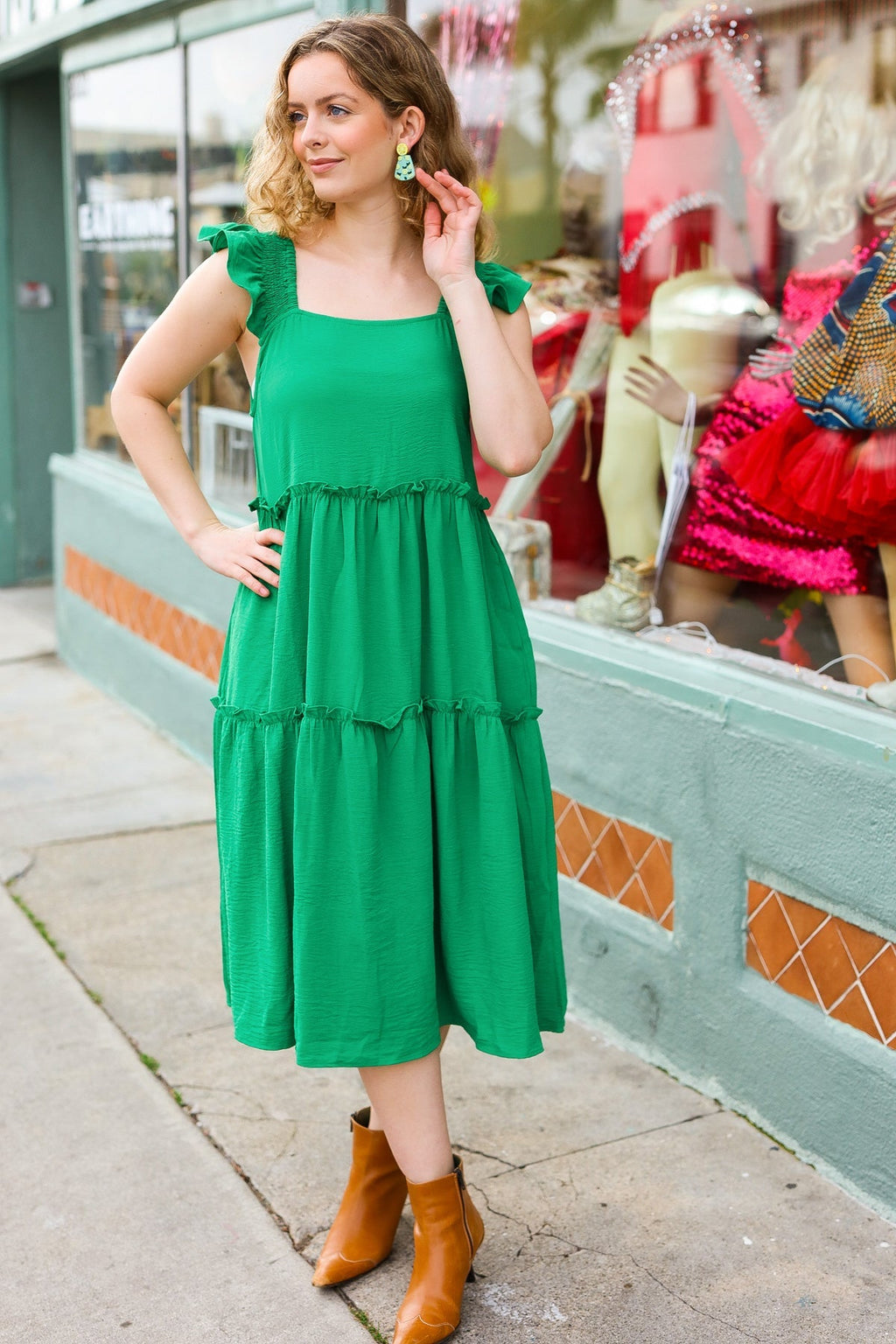 Smocked Flutter Sleeve Tiered Midi Dress