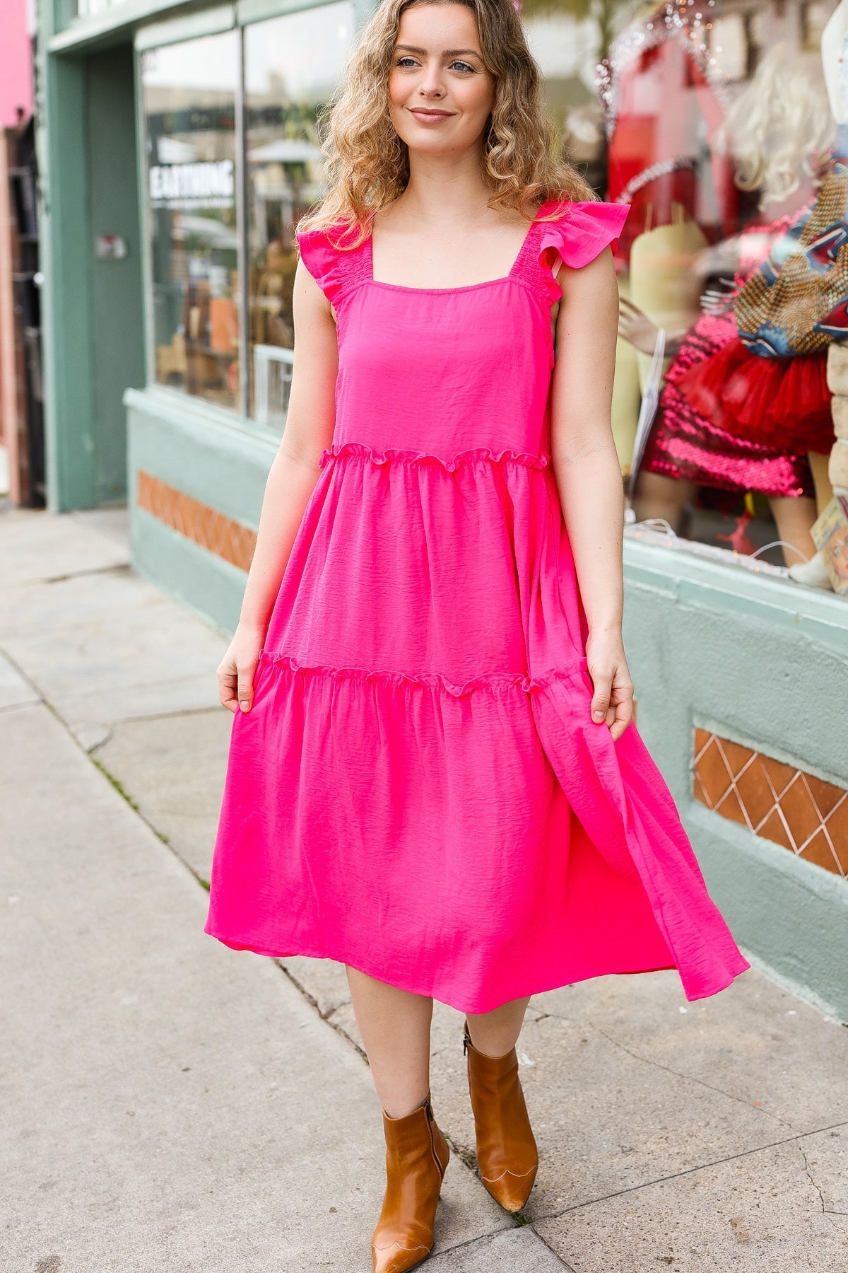 Fuchsia Smocked Flutter Sleeve Tiered Midi Dress