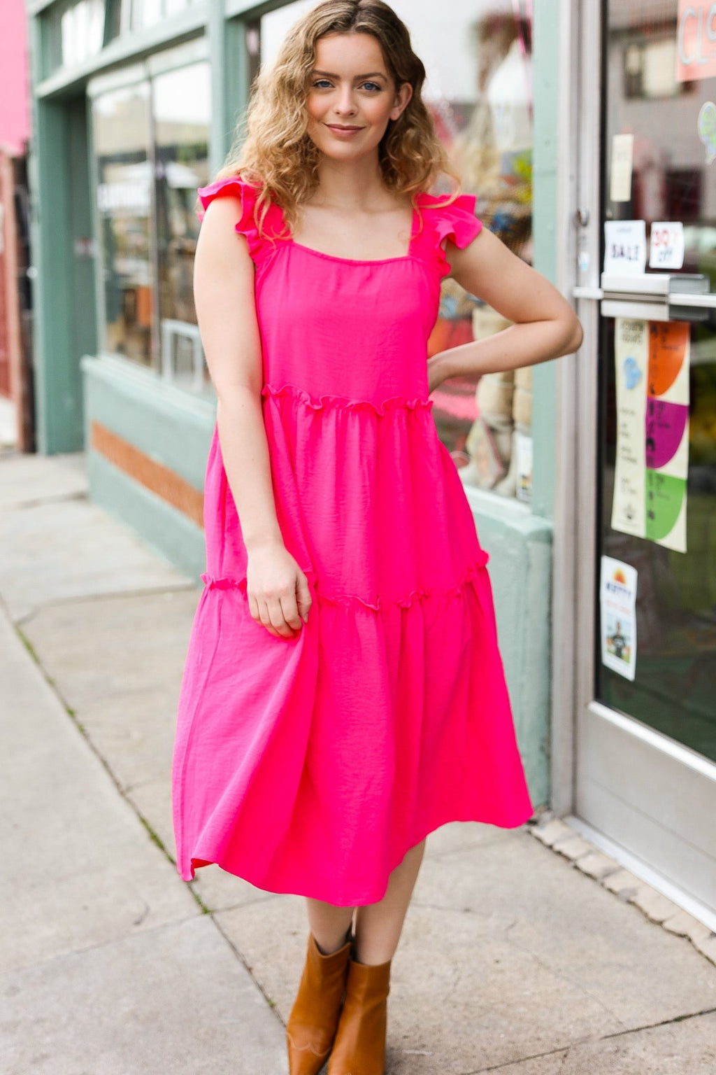 Fuchsia Smocked Flutter Sleeve Tiered Midi Dress