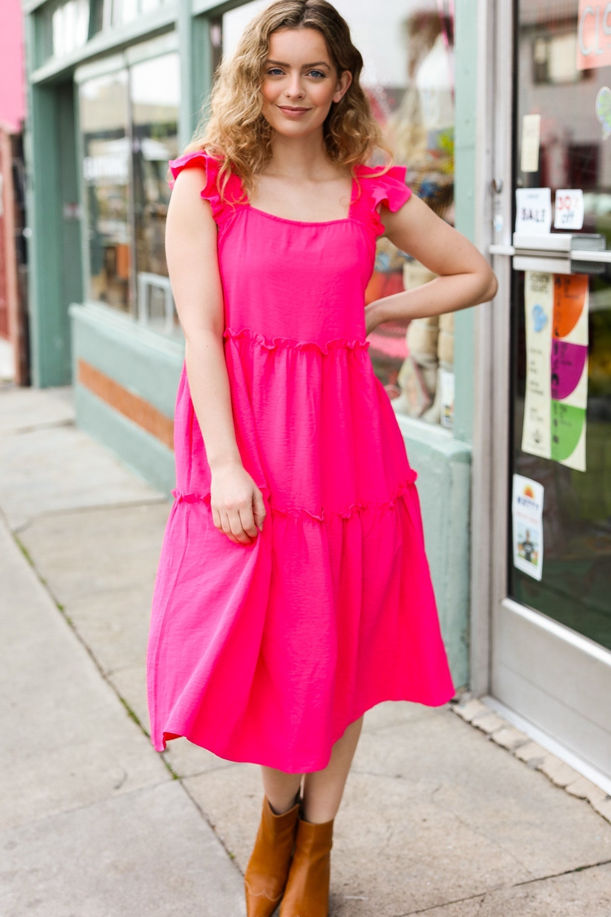 Fuchsia Smocked Flutter Sleeve Tiered Midi Dress