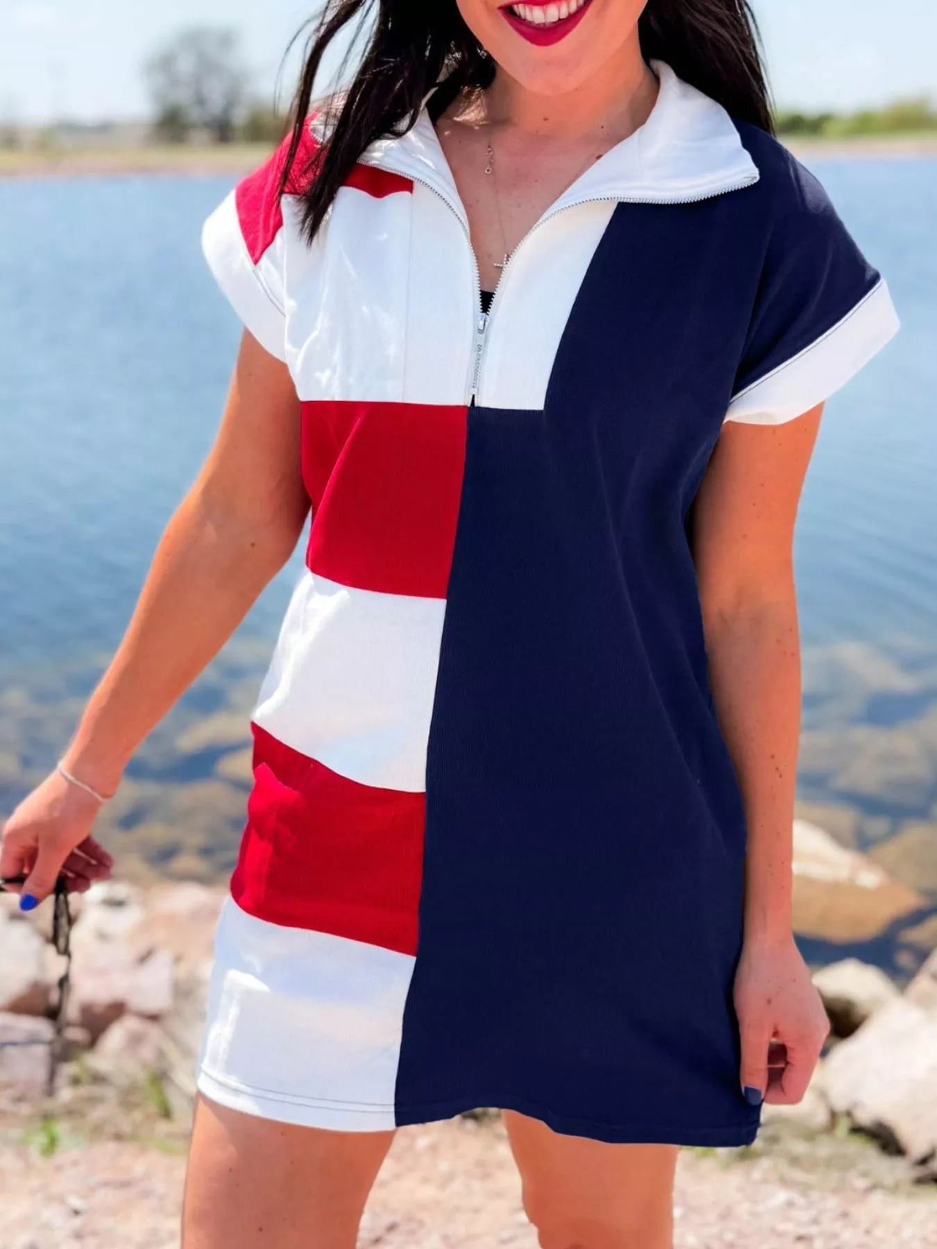 Colorblock Stripes Zip up Collared T Shirt Mini Dress