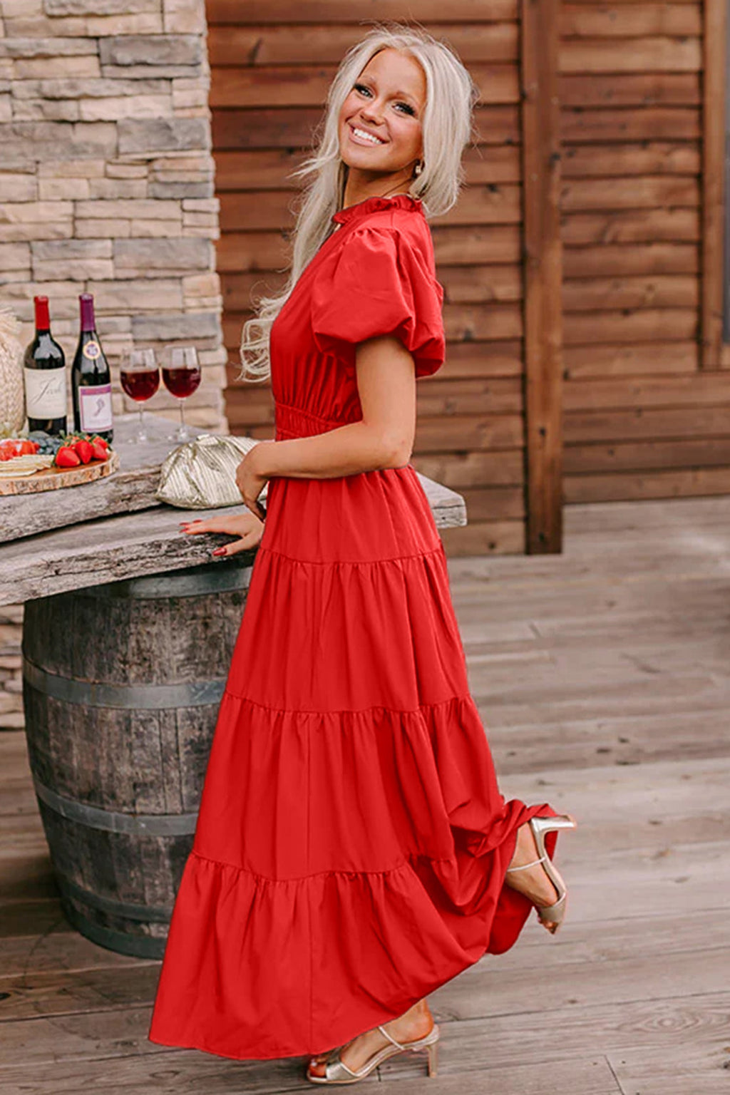 Lavendula Solid Color V Neck Short Puff Sleeve High Waist Tiered Maxi Dress
