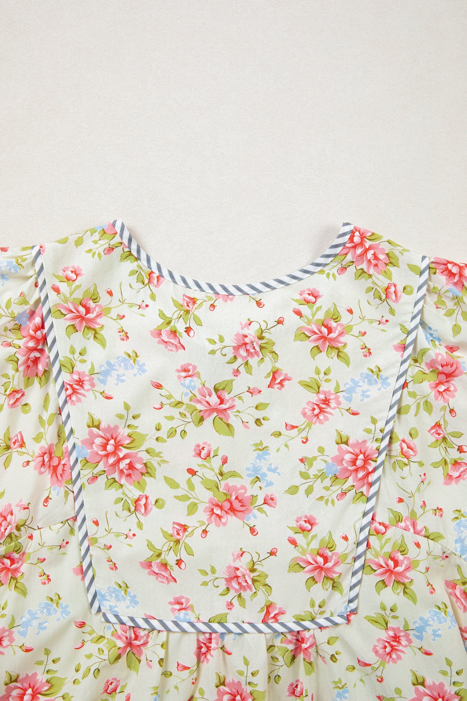 Apricot Striped Edge 3/4 Puff Sleeve Floral Dress