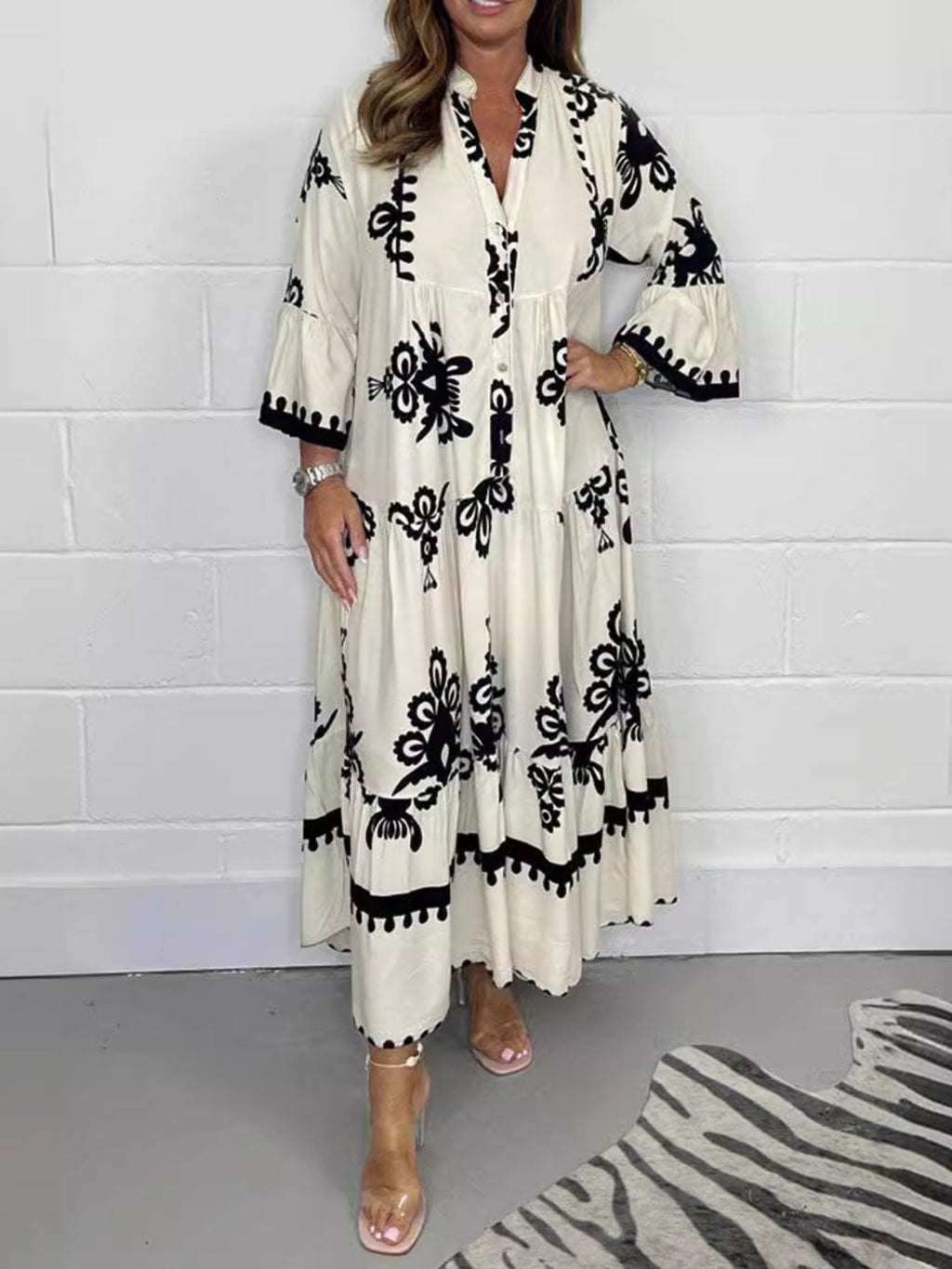 Full Size Printed Notched 3/4 Sleeve Midi Dress Plus Size