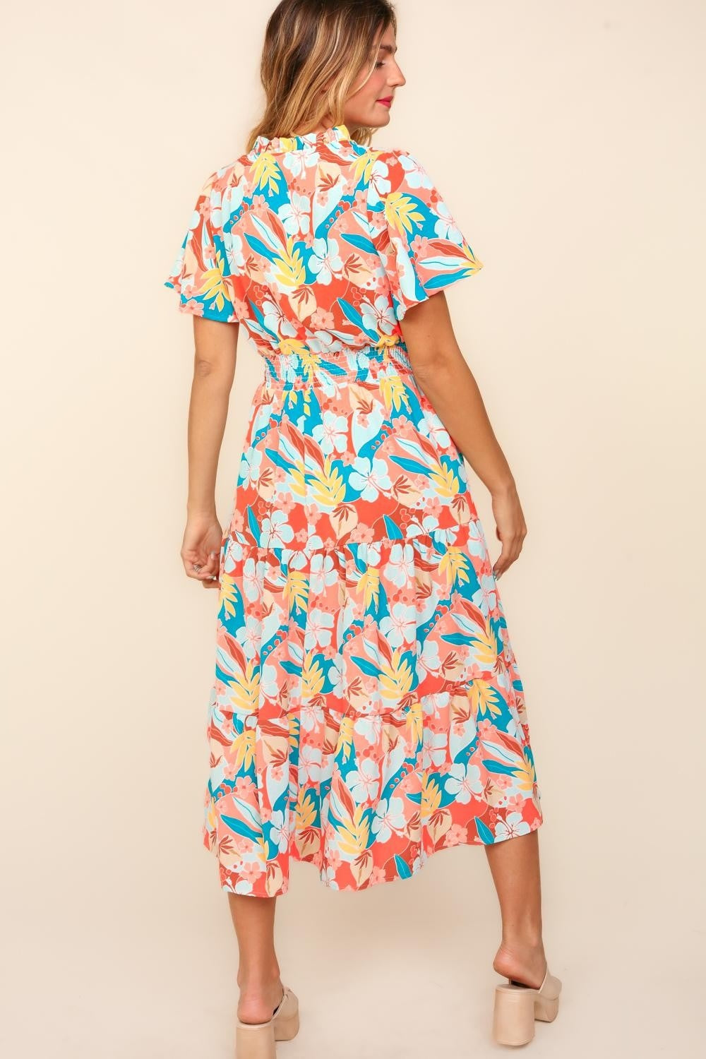 Full Size Tropical Floral Tiered Dress with Side Pockets