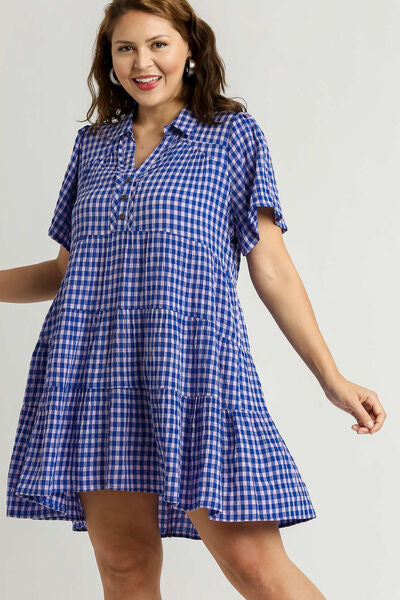 Full Size Gingham Tiered Button Detail Short Sleeve Dress Plus Size
