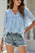 Sheer Floral Jacquard Short Sleeve Top - 7 Colors